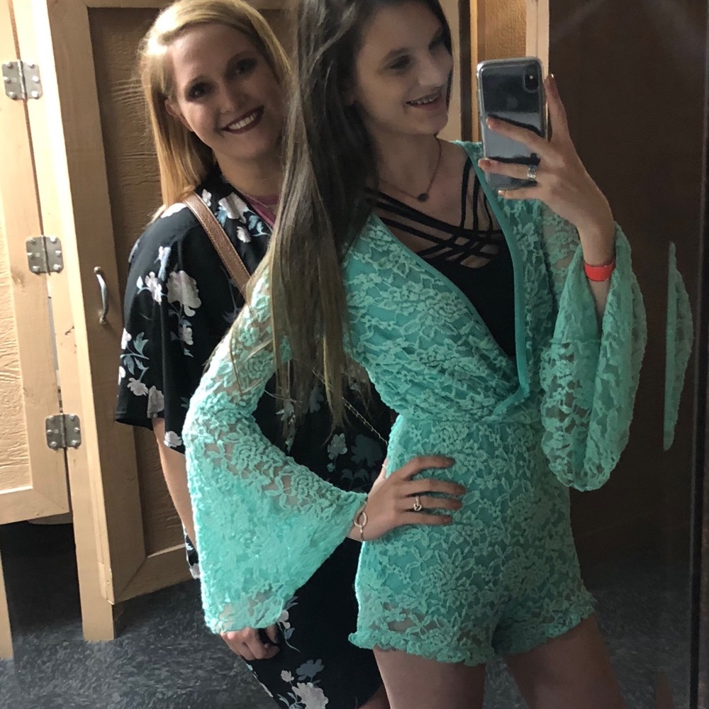 Teal Lace Bell Sleeve Romper